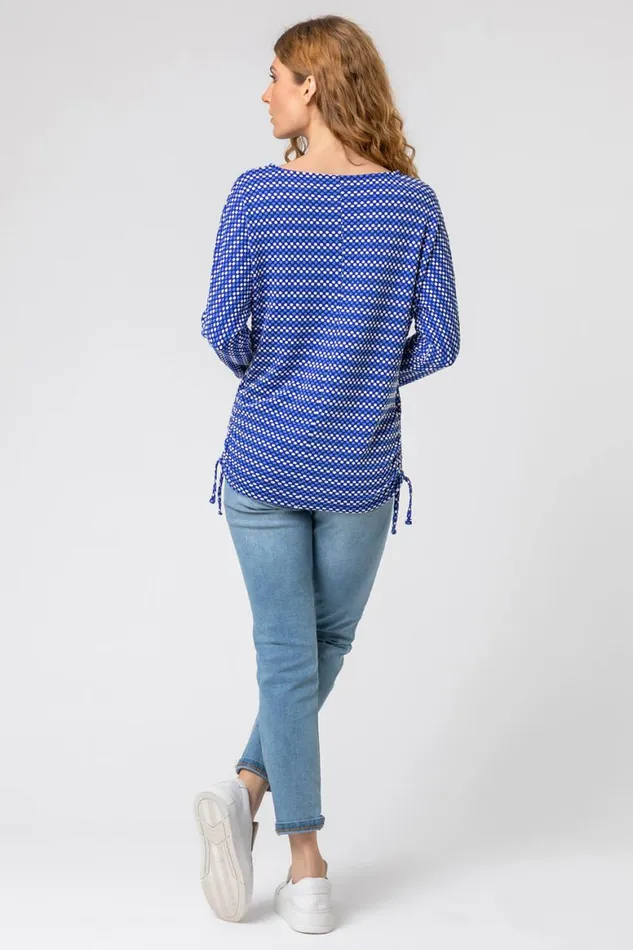 Women Royal Blue Textured Spot Print Stretch Top Roman Tops