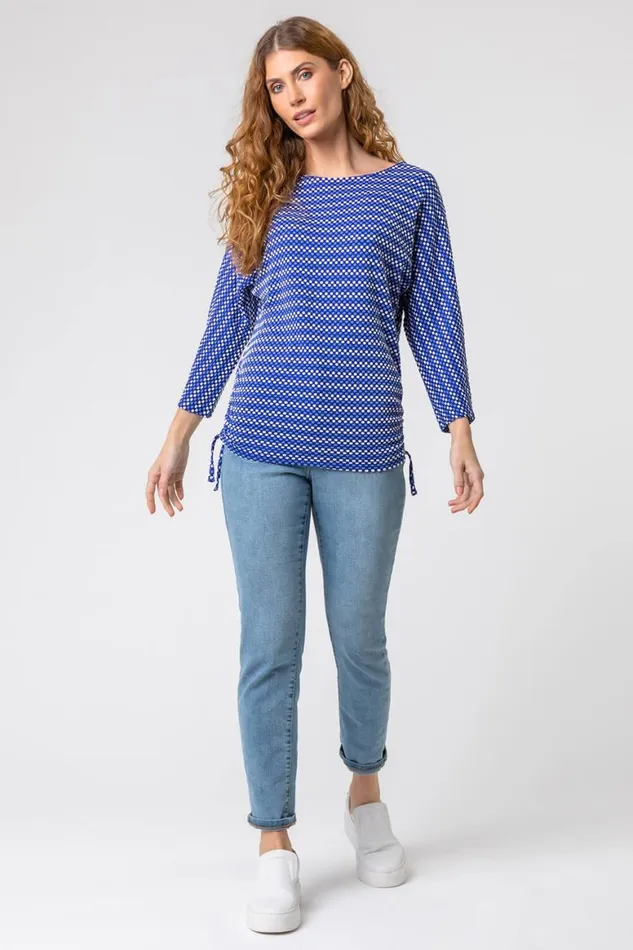 Women Royal Blue Textured Spot Print Stretch Top Roman Tops