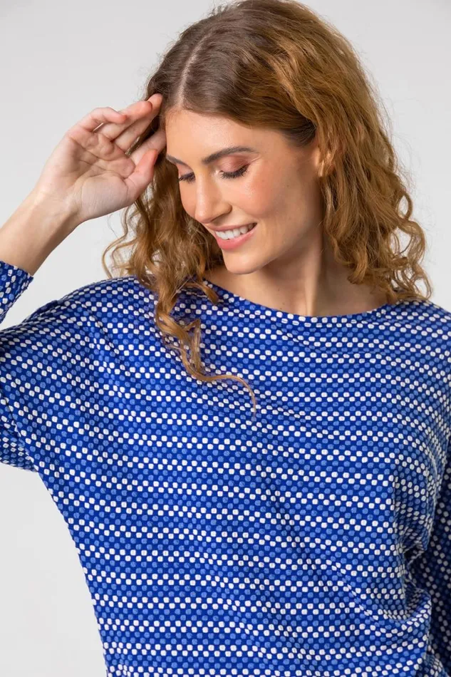 Women Royal Blue Textured Spot Print Stretch Top Roman Tops