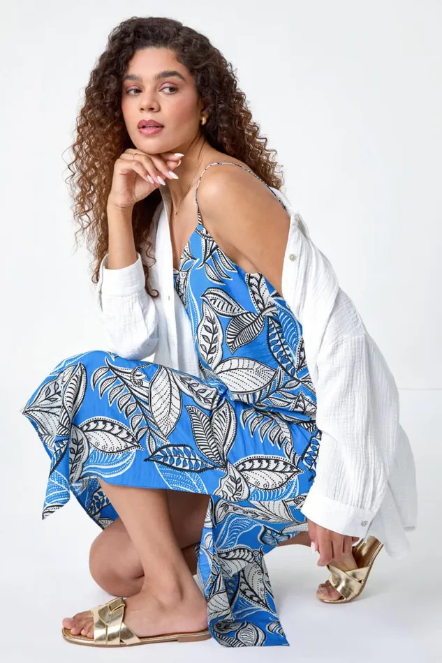 Women Royal Blue Tropical Leaf Print Midi Dress Roman Dresses