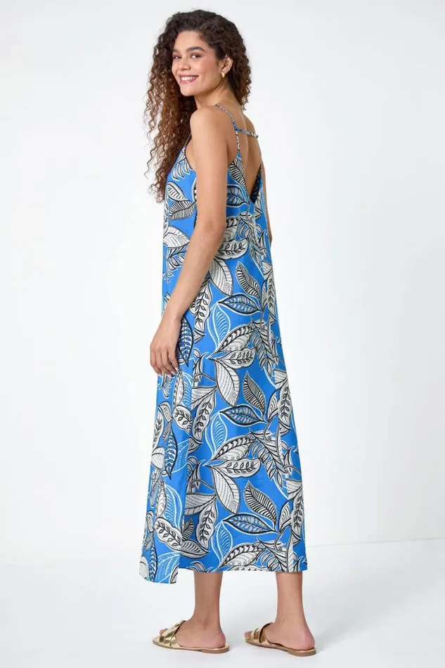 Women Royal Blue Tropical Leaf Print Midi Dress Roman Dresses
