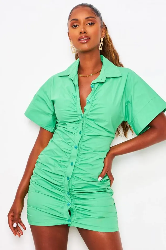 Women Ruched Mini Shirt Dress In Green Green Brentiny Paris Ceremonial Outfits