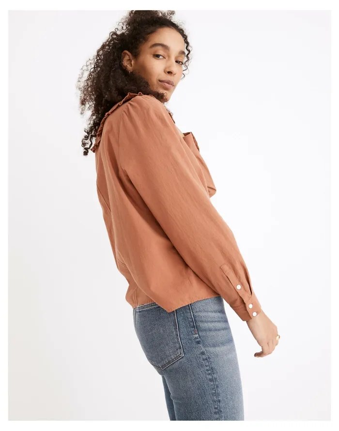 Women Ruffle Collar Button Up Shirt Warm Umber Madewell Tops and Shirts Women Ruffle Collar Button Up Shirt Warm Umber Madewell Tops and Shirts