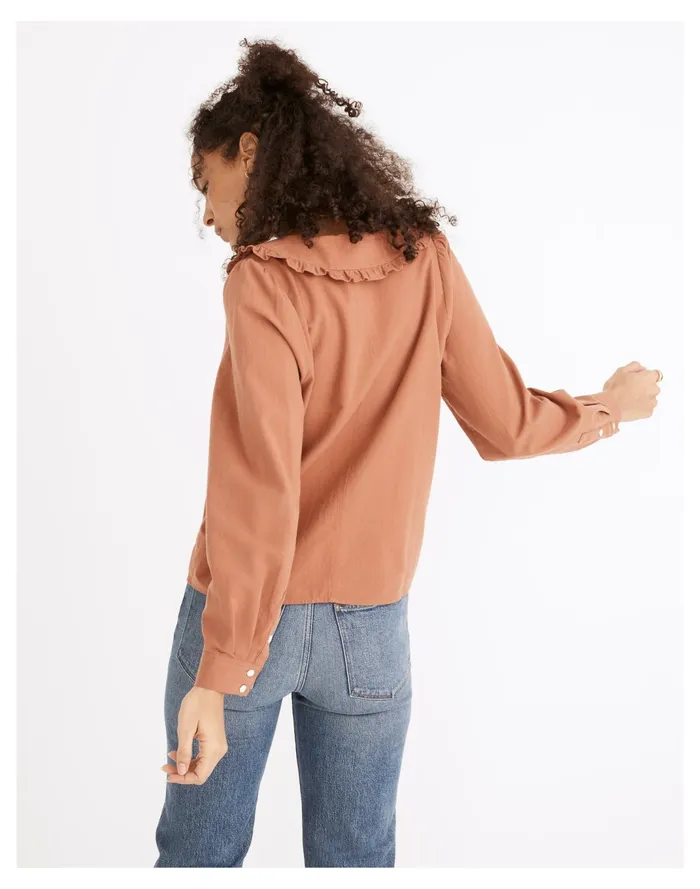 Women Ruffle Collar Button Up Shirt Warm Umber Madewell Tops and Shirts Women Ruffle Collar Button Up Shirt Warm Umber Madewell Tops and Shirts