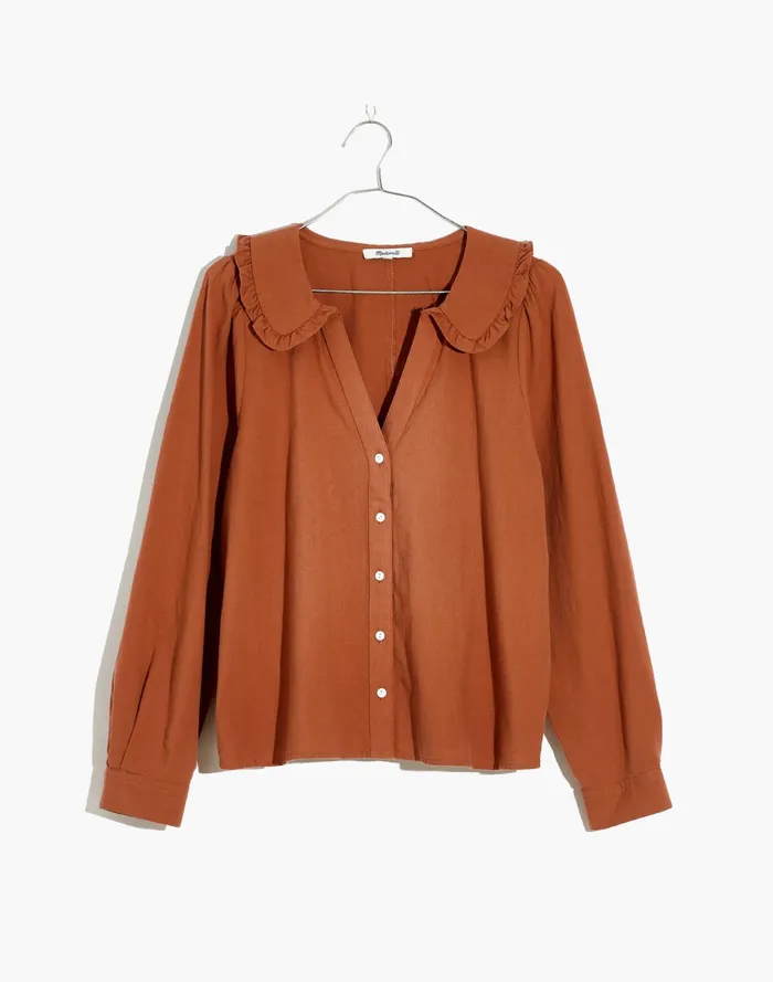 Women Ruffle Collar Button Up Shirt Warm Umber Madewell Tops and Shirts Women Ruffle Collar Button Up Shirt Warm Umber Madewell Tops and Shirts