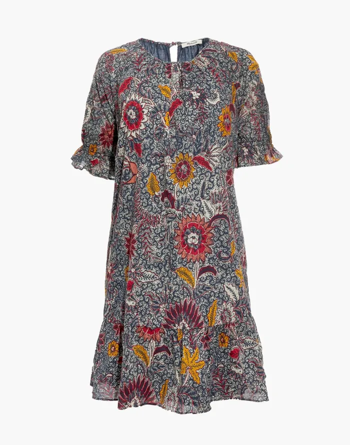 Women Ruffle Sleeve Popover Mini Dress In Bali Blooms Block Print Dark Baltic Madewell Dresses