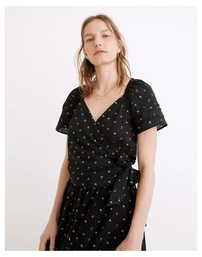 Women Ruffle Sleeve Wrap Top In Spring Floral True Black Madewell Tops and Shirts Women Ruffle Sleeve Wrap Top In Spring Floral True Black Madewell Tops and Shirts