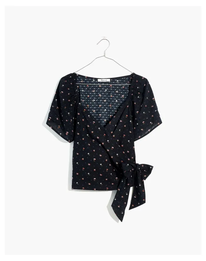 Women Ruffle Sleeve Wrap Top In Spring Floral True Black Madewell Tops and Shirts Women Ruffle Sleeve Wrap Top In Spring Floral True Black Madewell Tops and Shirts