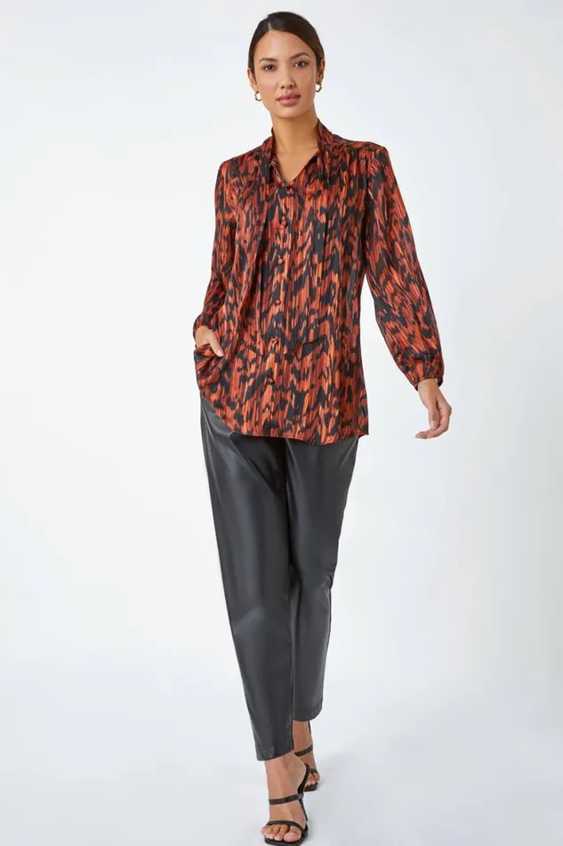 Women Rust Animal Print Tie Neck Chiffon Top Roman Tops