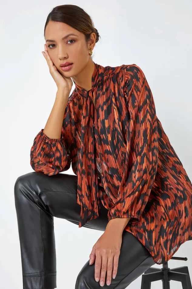 Women Rust Animal Print Tie Neck Chiffon Top Roman Tops