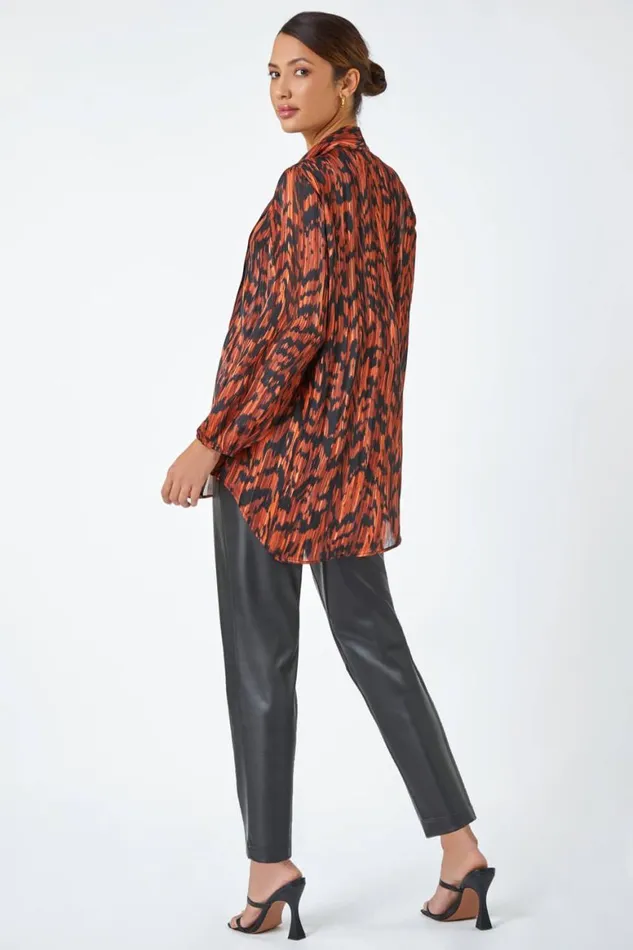 Women Rust Animal Print Tie Neck Chiffon Top Roman Tops