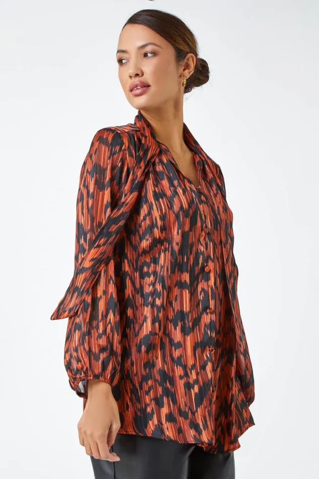 Women Rust Animal Print Tie Neck Chiffon Top Roman Tops