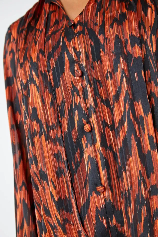 Women Rust Animal Print Tie Neck Chiffon Top Roman Tops