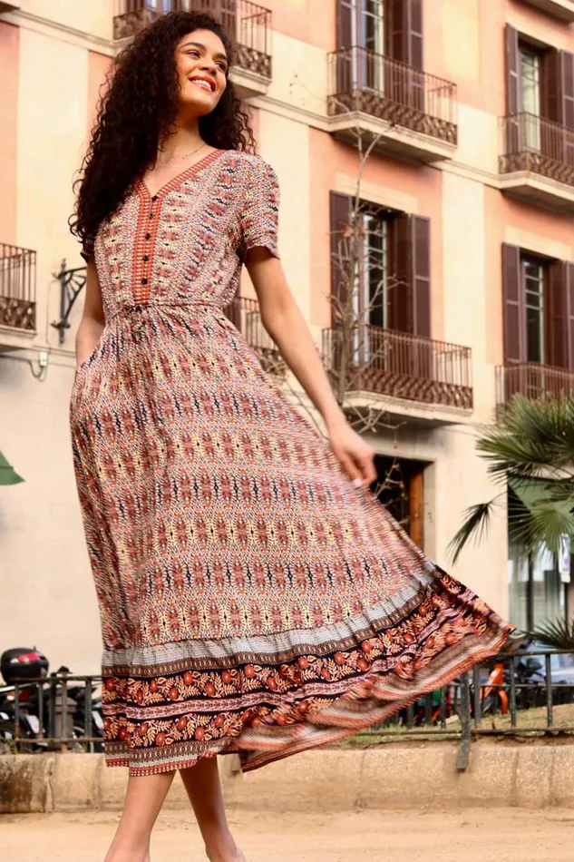 Women Rust Boho Print Fit And Flare Maxi Dress Roman Dresses