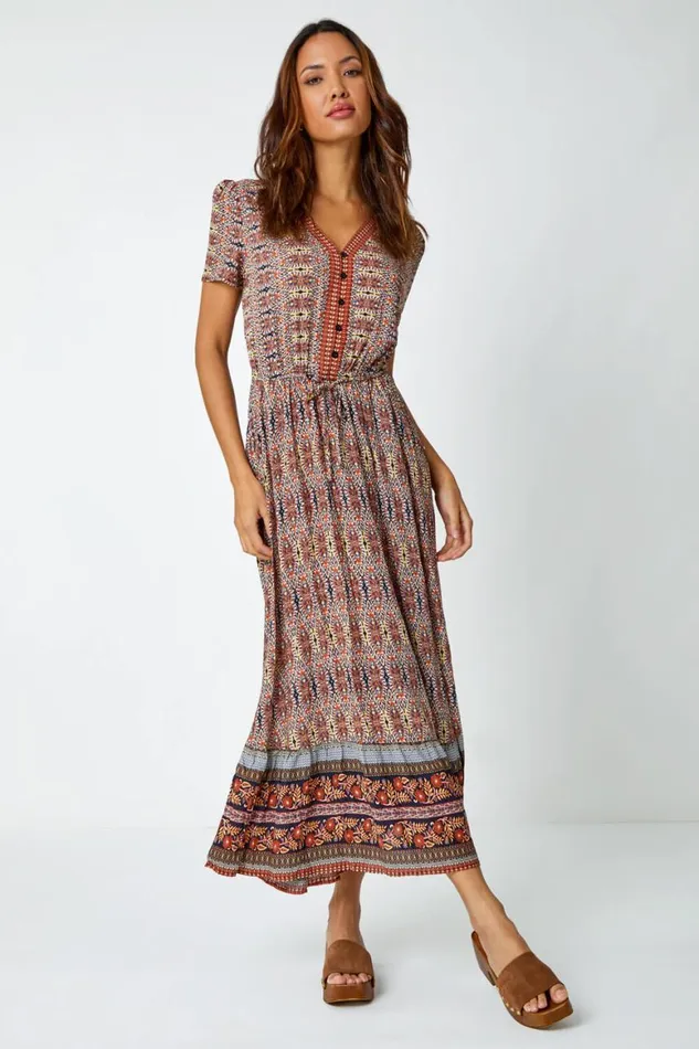 Women Rust Boho Print Fit And Flare Maxi Dress Roman Dresses