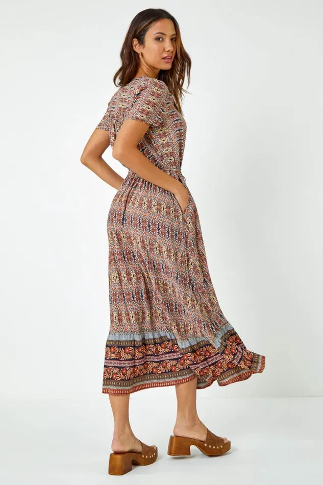 Women Rust Boho Print Fit And Flare Maxi Dress Roman Dresses