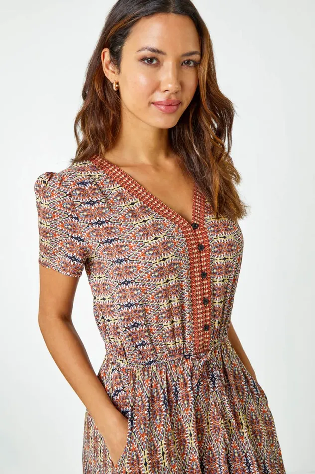 Women Rust Boho Print Fit And Flare Maxi Dress Roman Dresses
