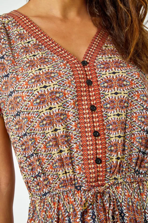 Women Rust Boho Print Fit And Flare Maxi Dress Roman Dresses