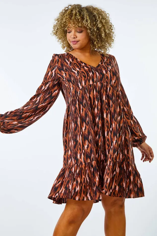Women Rust Curve Animal Tiered Tunic Dress Roman Dresses