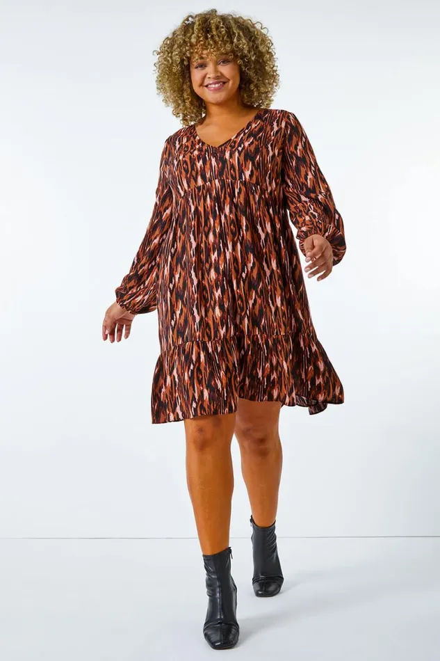 Women Rust Curve Animal Tiered Tunic Dress Roman Dresses