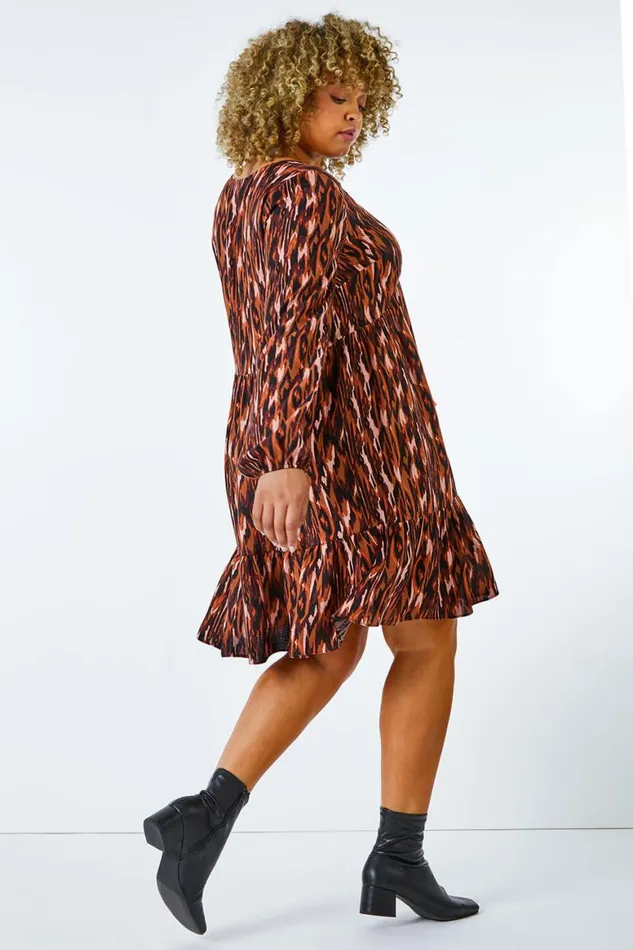 Women Rust Curve Animal Tiered Tunic Dress Roman Dresses