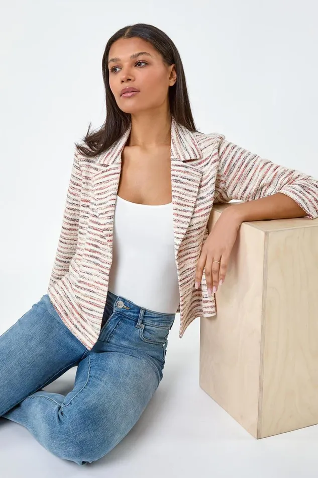 Women Rust Stripe Textured 34 Sleeve Cotton Blend Jacket Roman Jackets