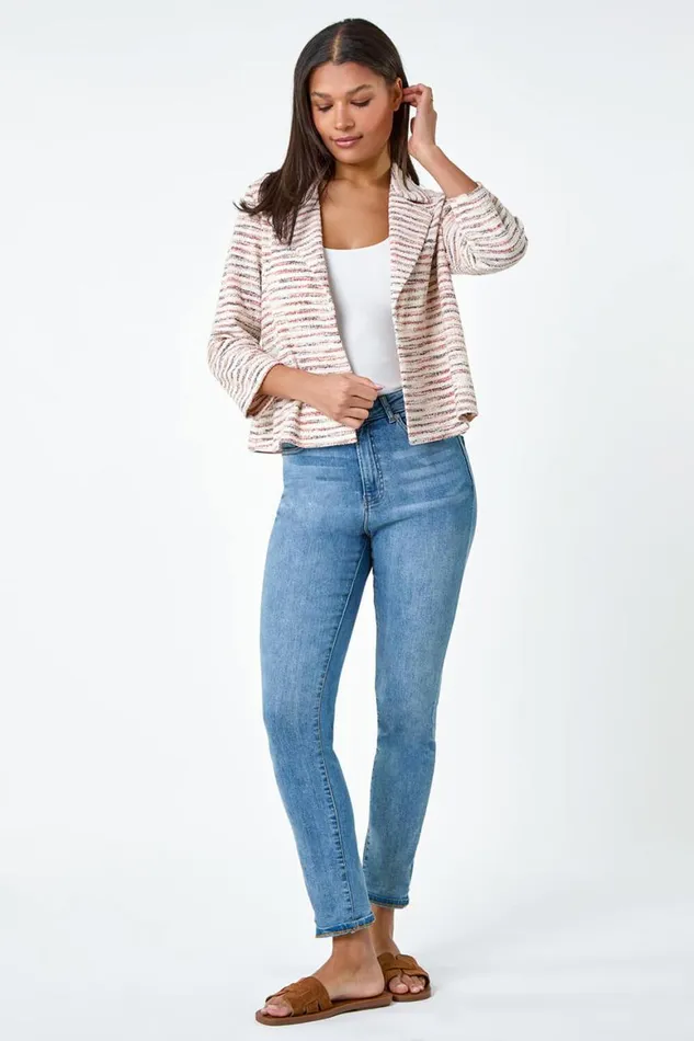 Women Rust Stripe Textured 34 Sleeve Cotton Blend Jacket Roman Jackets