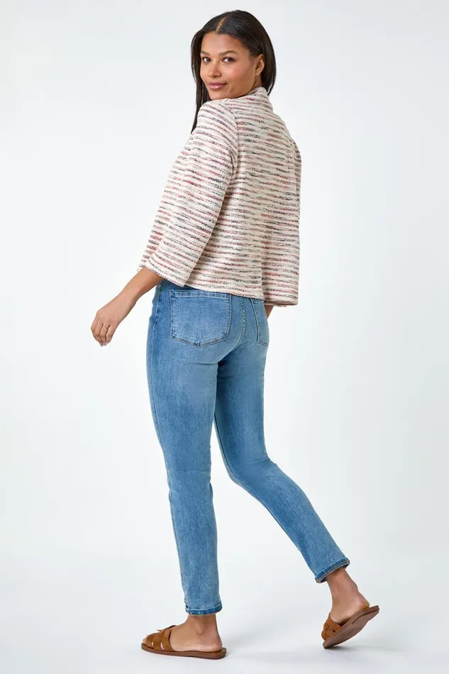 Women Rust Stripe Textured 34 Sleeve Cotton Blend Jacket Roman Jackets