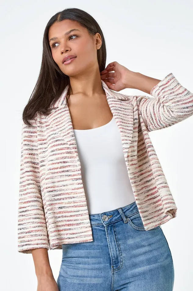 Women Rust Stripe Textured 34 Sleeve Cotton Blend Jacket Roman Jackets