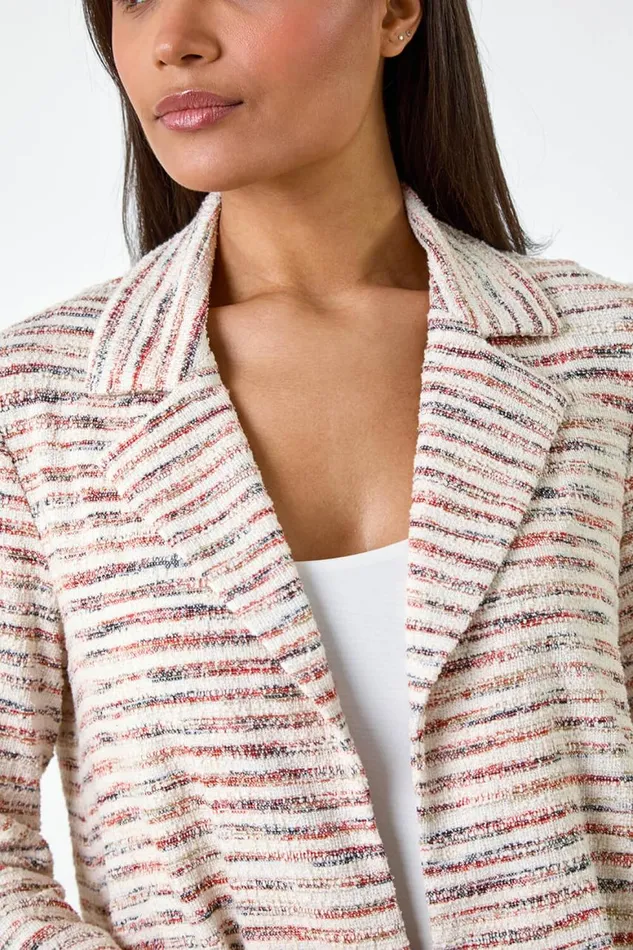 Women Rust Stripe Textured 34 Sleeve Cotton Blend Jacket Roman Jackets