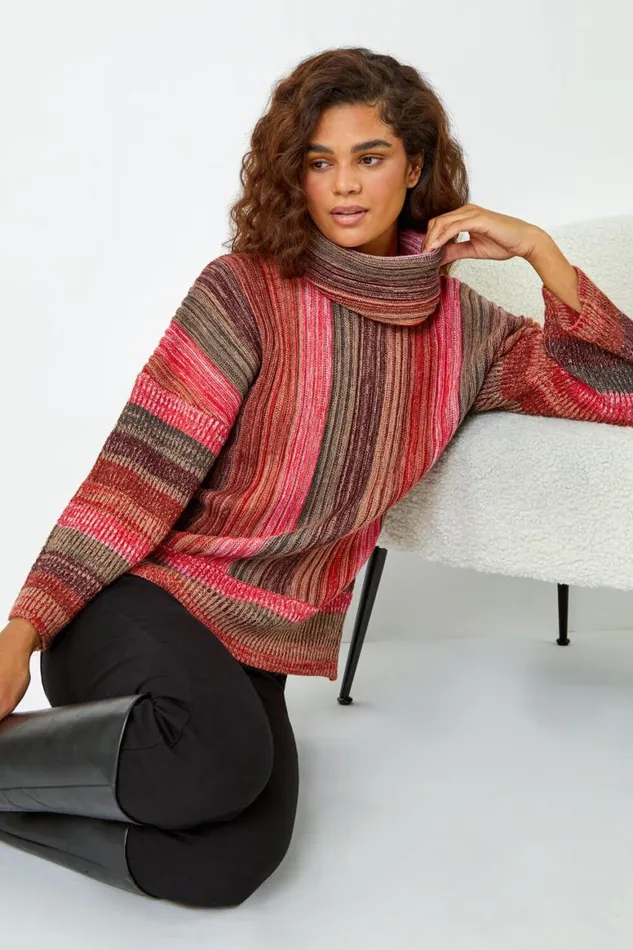 Women Rust Textured Roll Neck Ombre Knitted Jumper Roman Knitwear