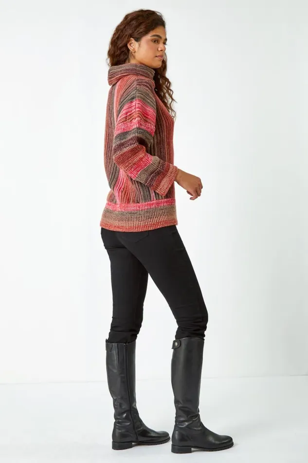Women Rust Textured Roll Neck Ombre Knitted Jumper Roman Knitwear