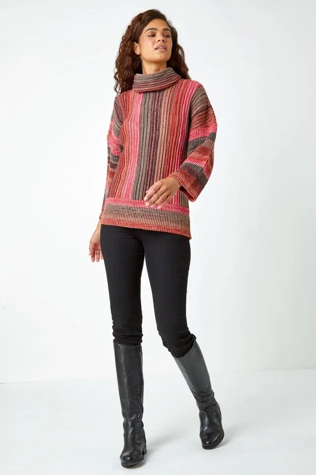Women Rust Textured Roll Neck Ombre Knitted Jumper Roman Knitwear