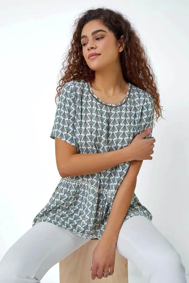 Women Sage Abstract Print Sequin Peplum Top Roman Tops