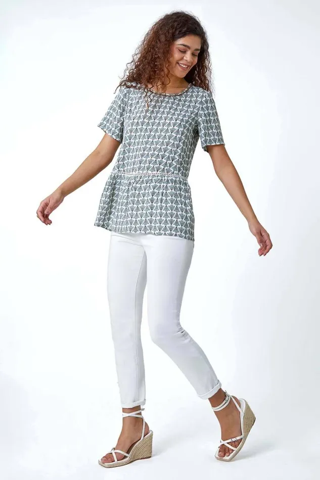 Women Sage Abstract Print Sequin Peplum Top Roman Tops