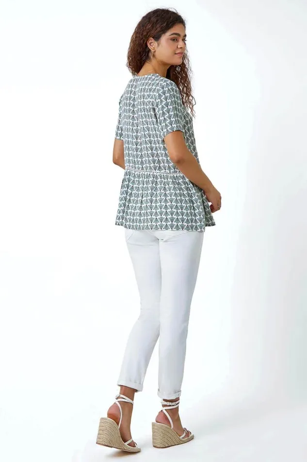Women Sage Abstract Print Sequin Peplum Top Roman Tops