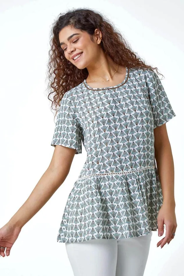 Women Sage Abstract Print Sequin Peplum Top Roman Tops