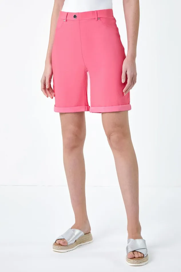 Women Salmon Elastic Waist Turn Up Stretch Shorts Roman Trousers
