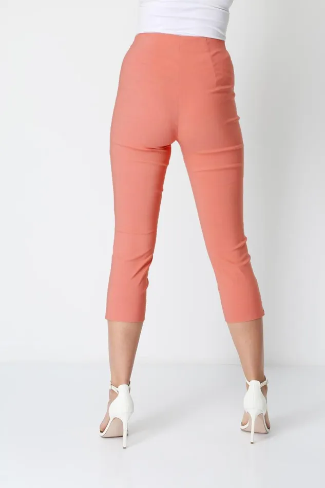Women Salmon Pink Elastic Waist Stretch Cropped Trousers Roman Coords