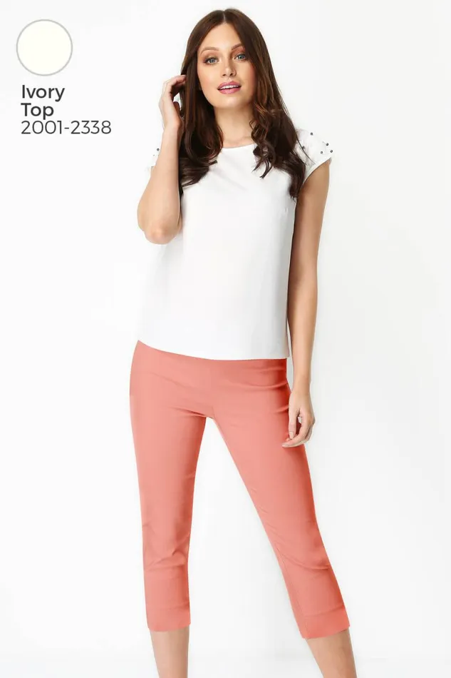 Women Salmon Pink Elastic Waist Stretch Cropped Trousers Roman Coords