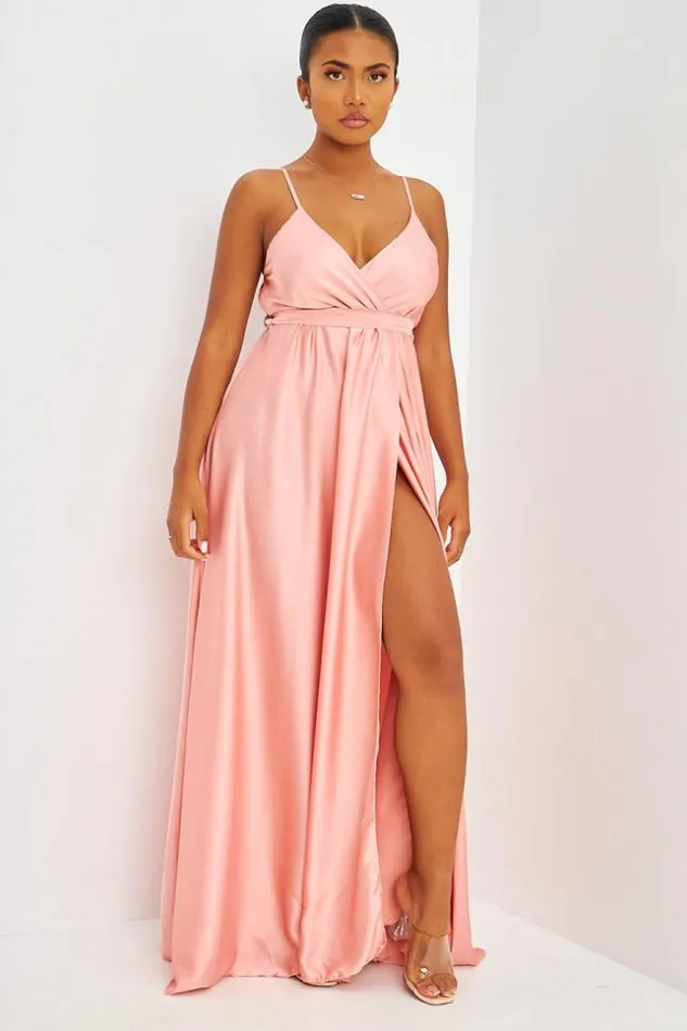 Women Satin Belted Maxi Dress With Side Split In Pink Pink Brentiny Paris Ceremonial Outfits