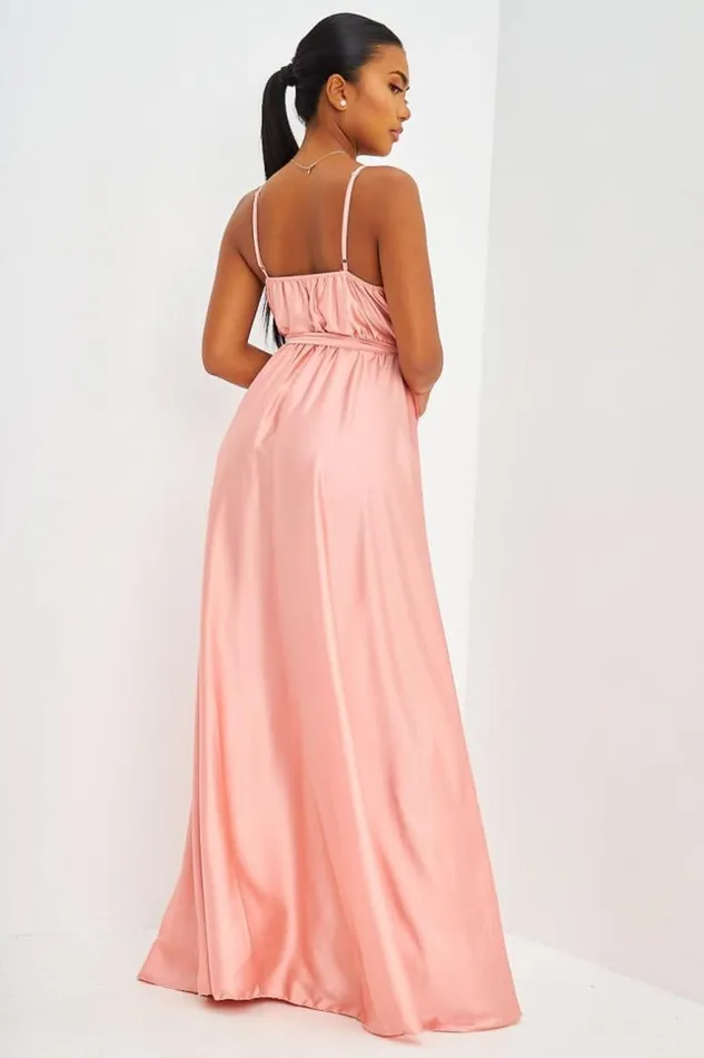 Women Satin Belted Maxi Dress With Side Split In Pink Pink Brentiny Paris Ceremonial Outfits