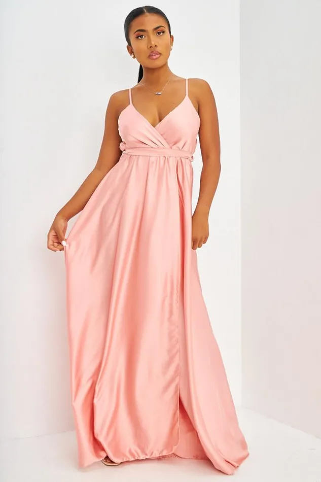 Women Satin Belted Maxi Dress With Side Split In Pink Pink Brentiny Paris Ceremonial Outfits