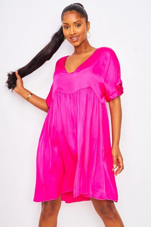 Women Satin Mini Dress In Fuchsia Pink Pink Brentiny Paris Satin Dresses