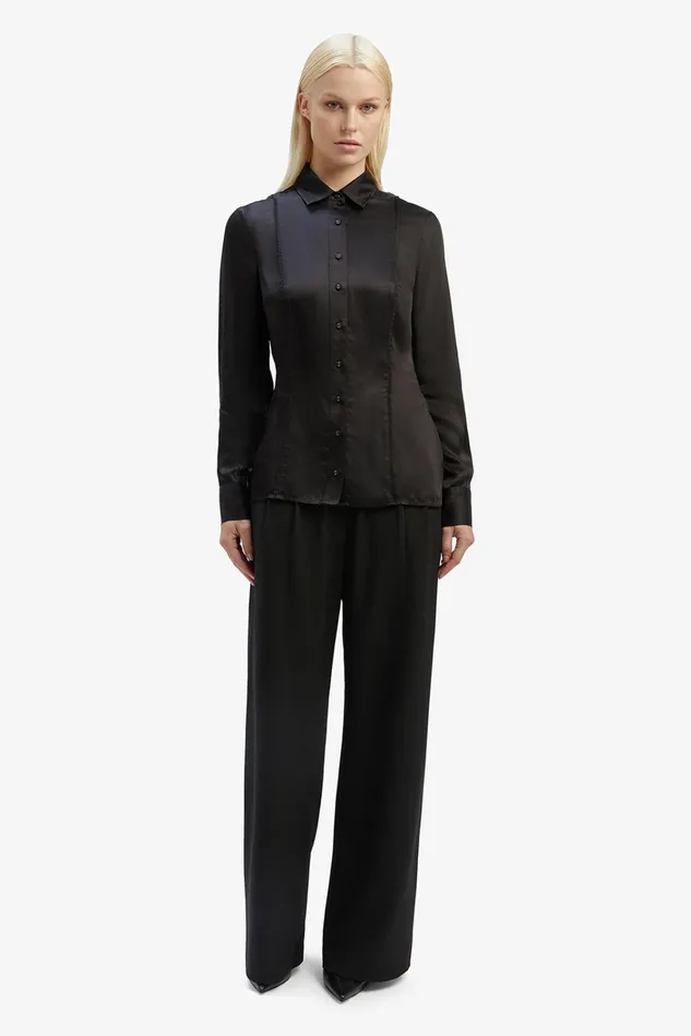 Women Shirts and Blouses Bardot Fitted Satin Shirt In Black Black Women Shirts and Blouses Bardot Fitted Satin Shirt In Black Black