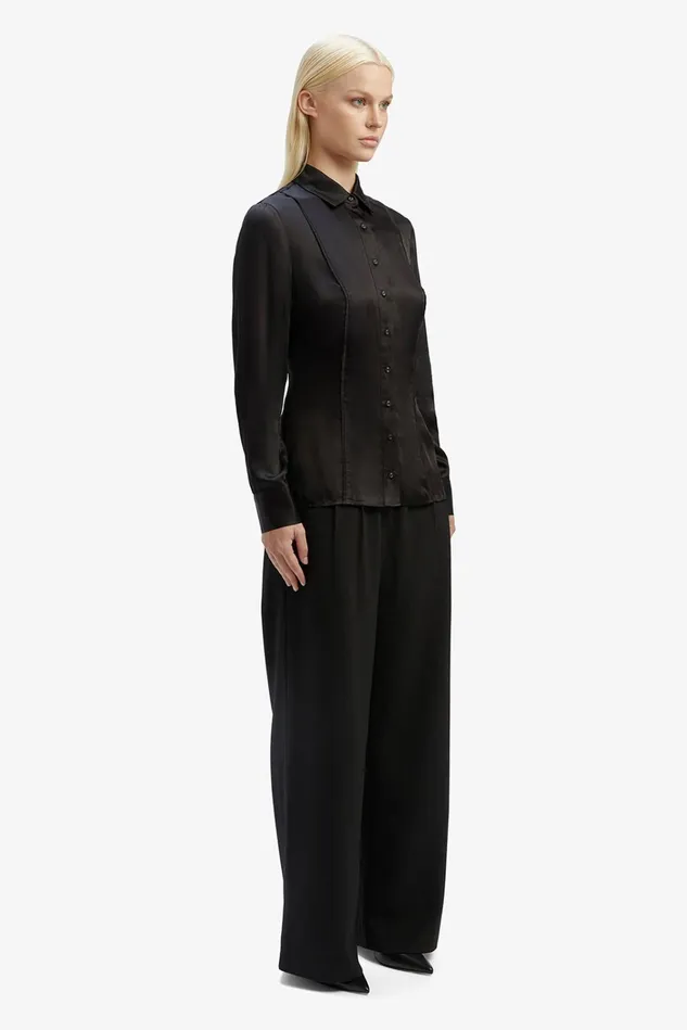 Women Shirts and Blouses Bardot Fitted Satin Shirt In Black Black Women Shirts and Blouses Bardot Fitted Satin Shirt In Black Black
