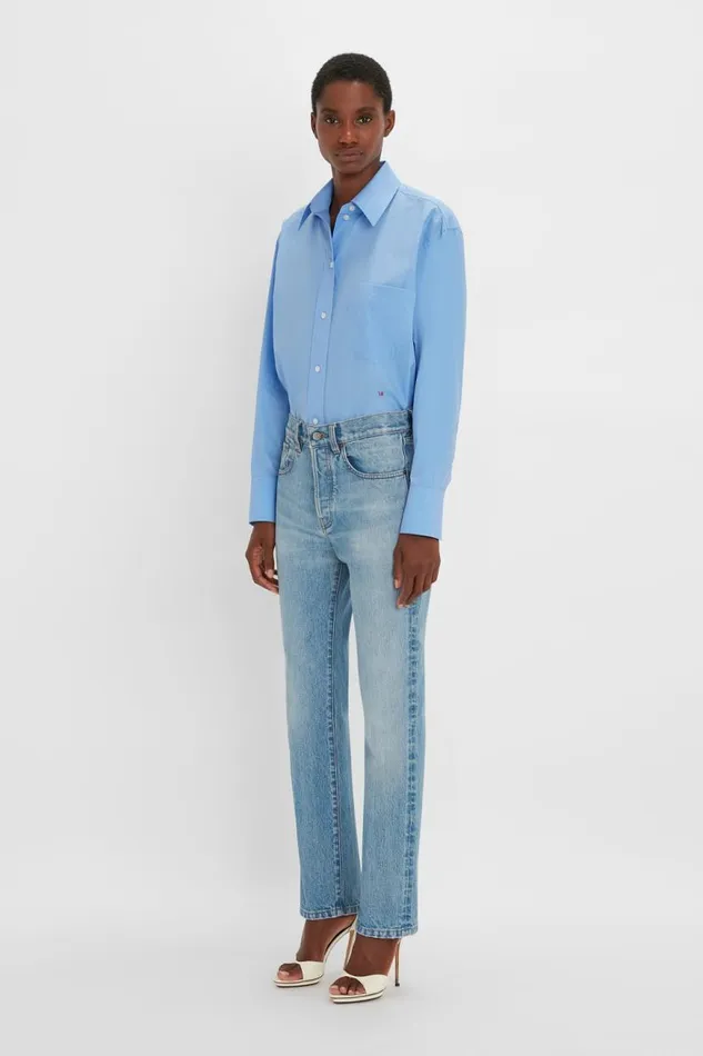 Women Shirts and Tops Victoria Beckham Cropped Long Sleeve Shirt In Oxford Blue