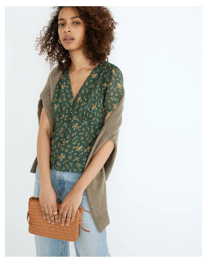 Women Silk Evie Tie Sleeve Top In Fresh Sprigs Forest Madewell Tops and Shirts