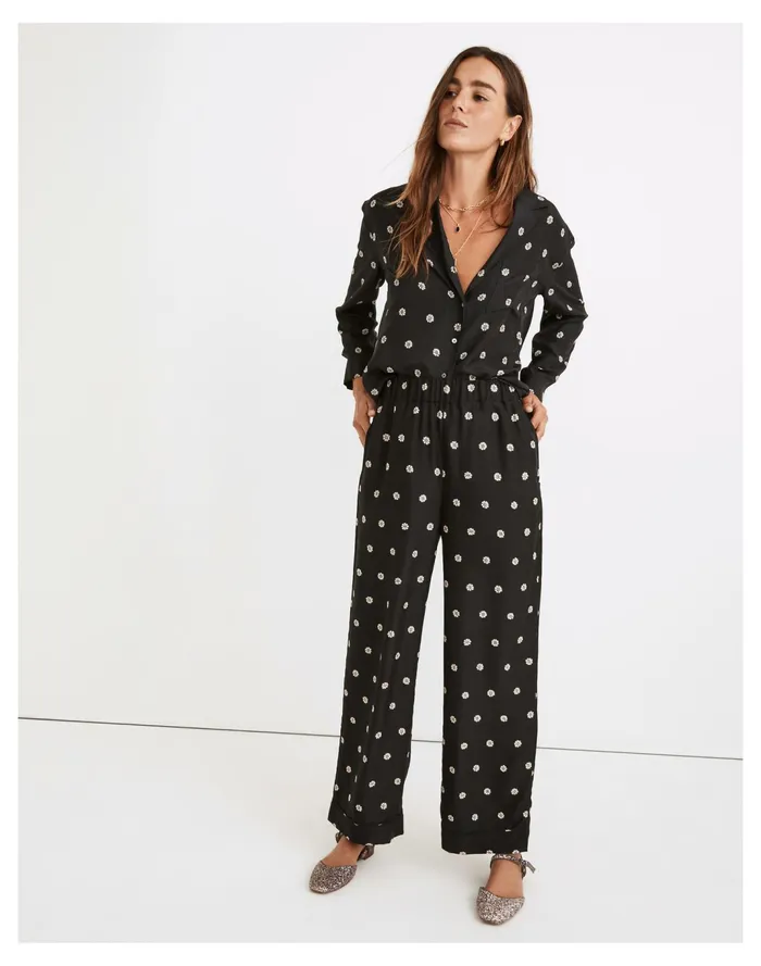 Women Silk Pull On High Rise Straight Pants In Bloom Dot True Black Madewell Pajamas
