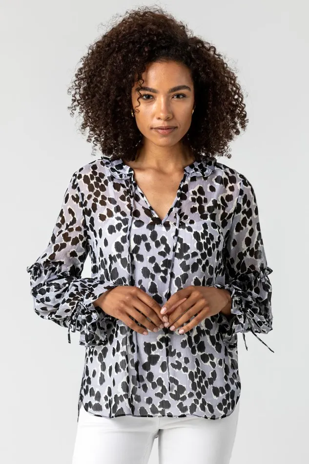 Women Silver Animal Print Tie Neck Blouse Roman Tops